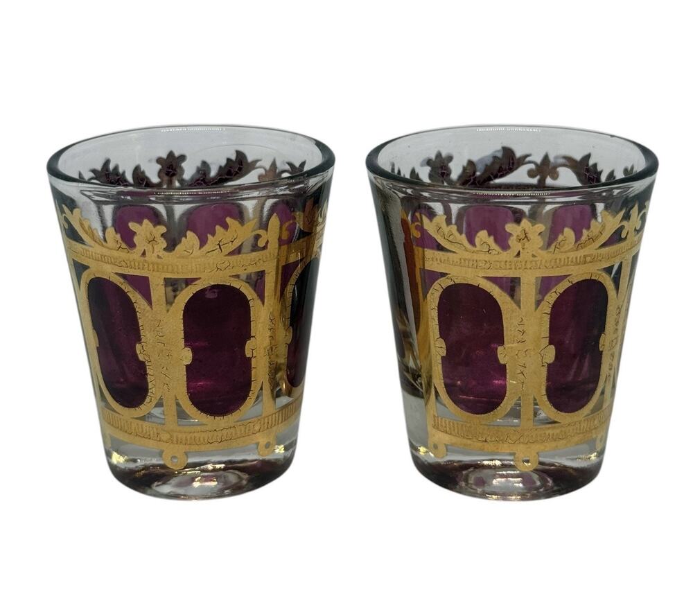 MCM Culver Cranberry Scroll Shot Glasses 22-K Gold Moroccan-Style Filigree Pair